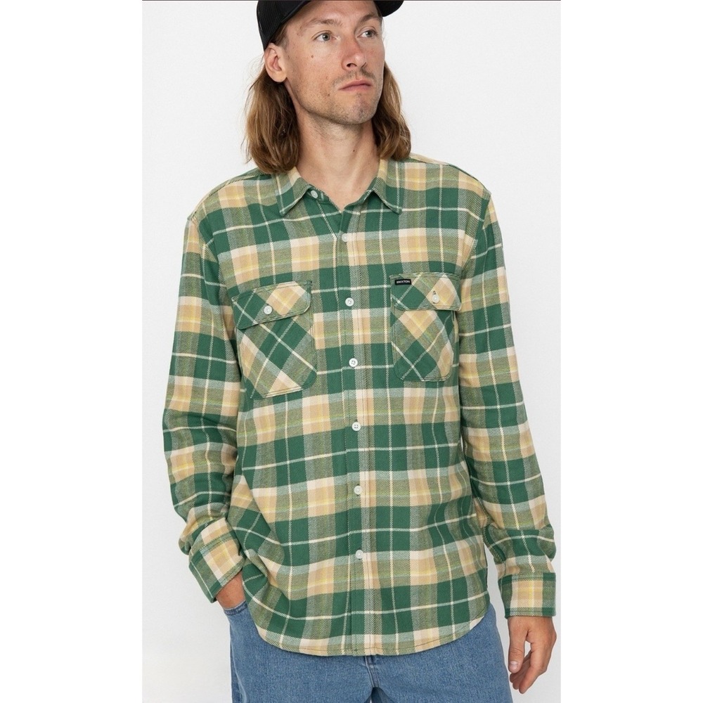 Brixton Mens Bowery Flannel Long Sleeve Shirt Green Gold Plaid Button Up SM EUC